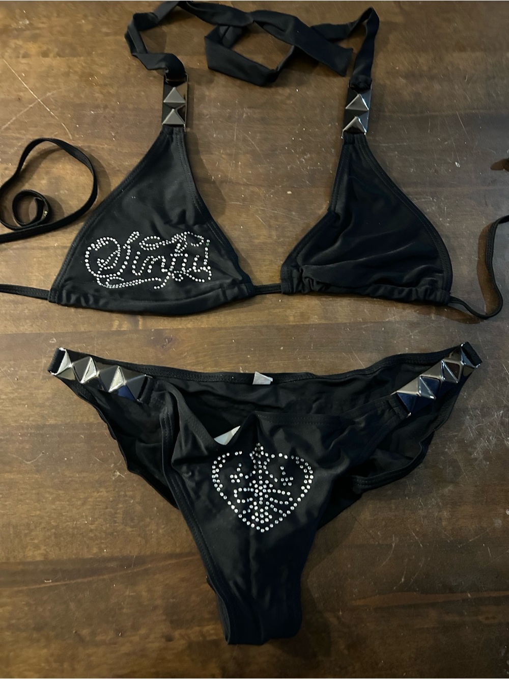 NWOT Sexy Skimpy 2pc Black triangle Top High Waisted Bottom Bikini w/ Rhinestone